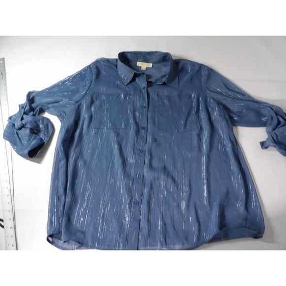 Michael Kors 3X Sheer Sparkly Top Button Up Layers Slate Blue Roll Tab - Picture 7 of 11